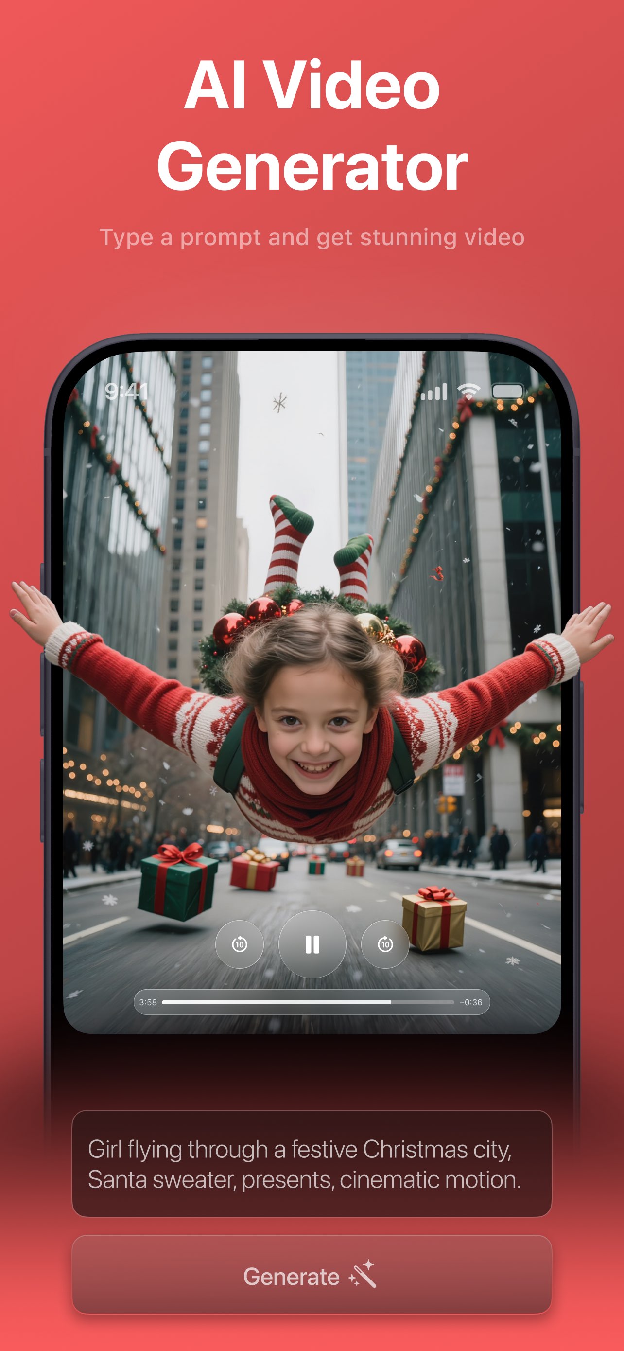 Videx AI Video Generator screen playing a generated clip of a girl in a Santa sweater flying through a festive Christmas city, with the prompt and a Generate button below