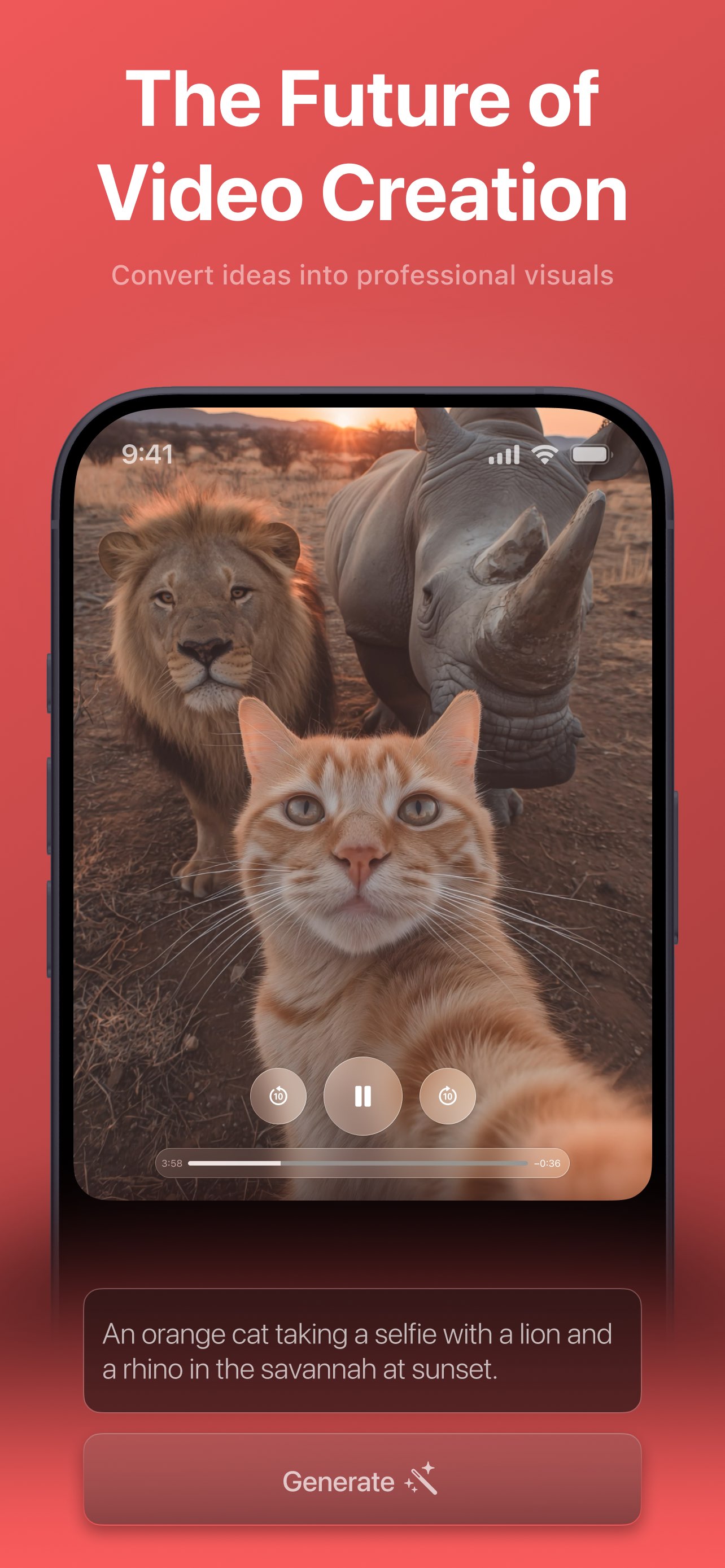 Videx playing a generated video of an orange cat taking a selfie with a lion and a rhino in the savannah at sunset