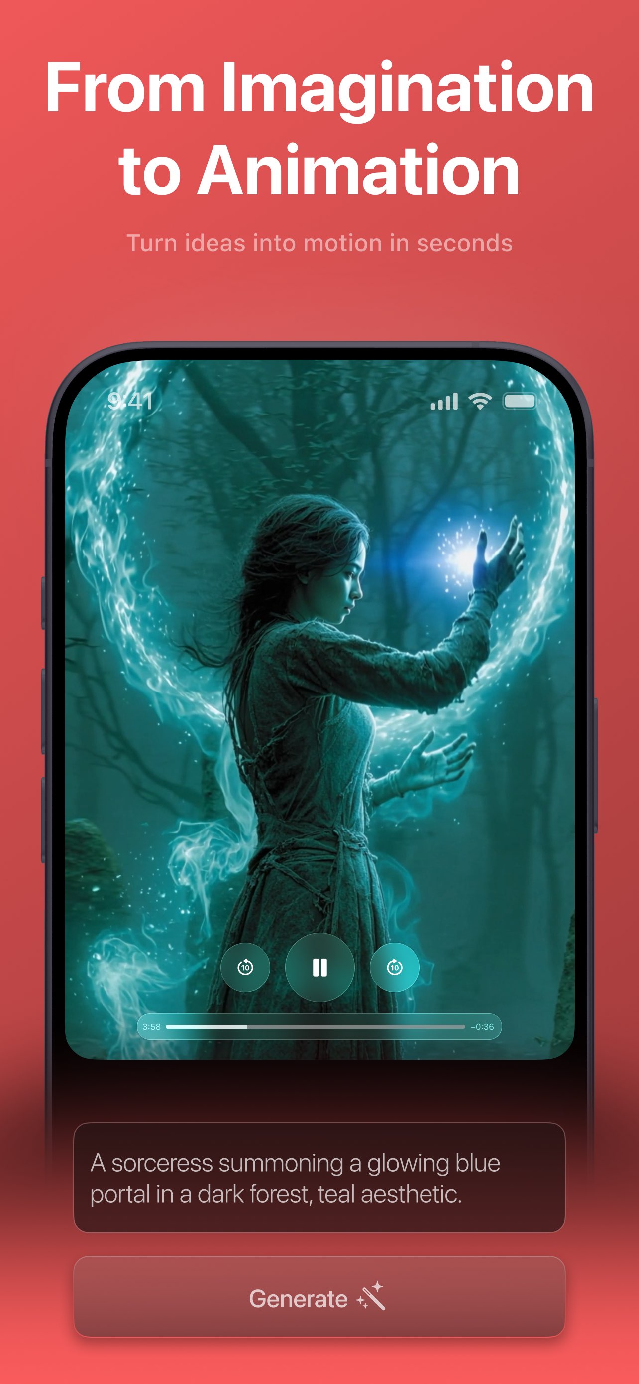 Videx playing a generated Fantasy-style video of a sorceress summoning a glowing blue portal in a dark forest
