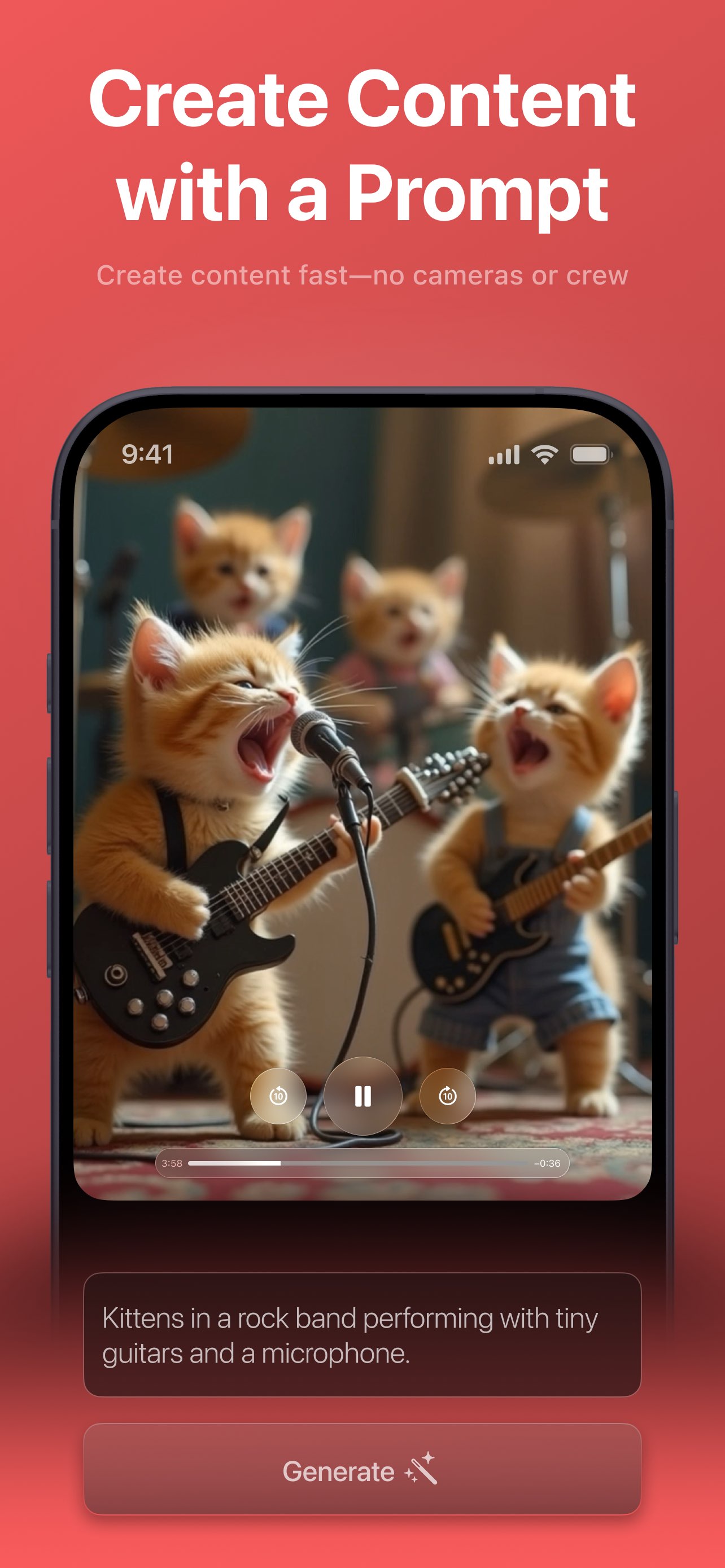 Videx playing a generated video of kittens in a rock band performing with tiny guitars and a microphone